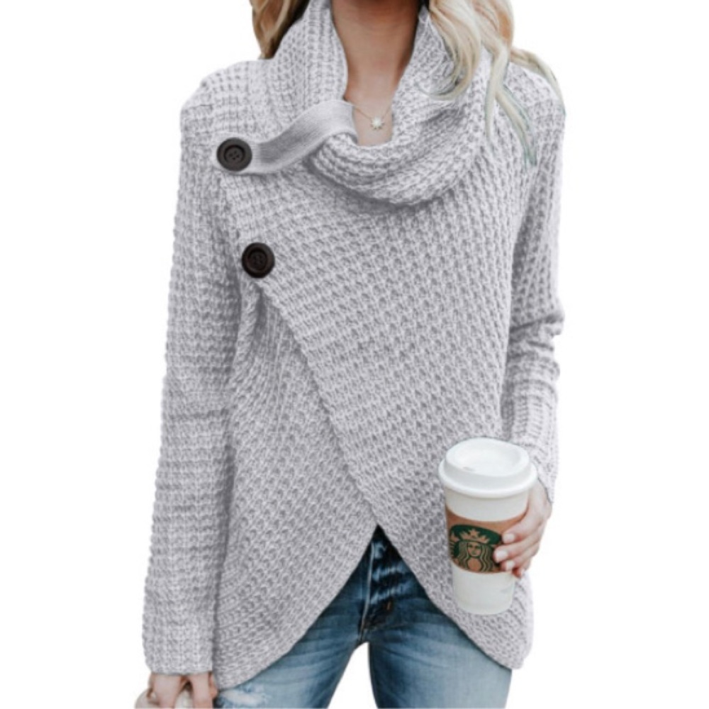 Grey Buttoned Knit Wrap Cowl Neck Sweater